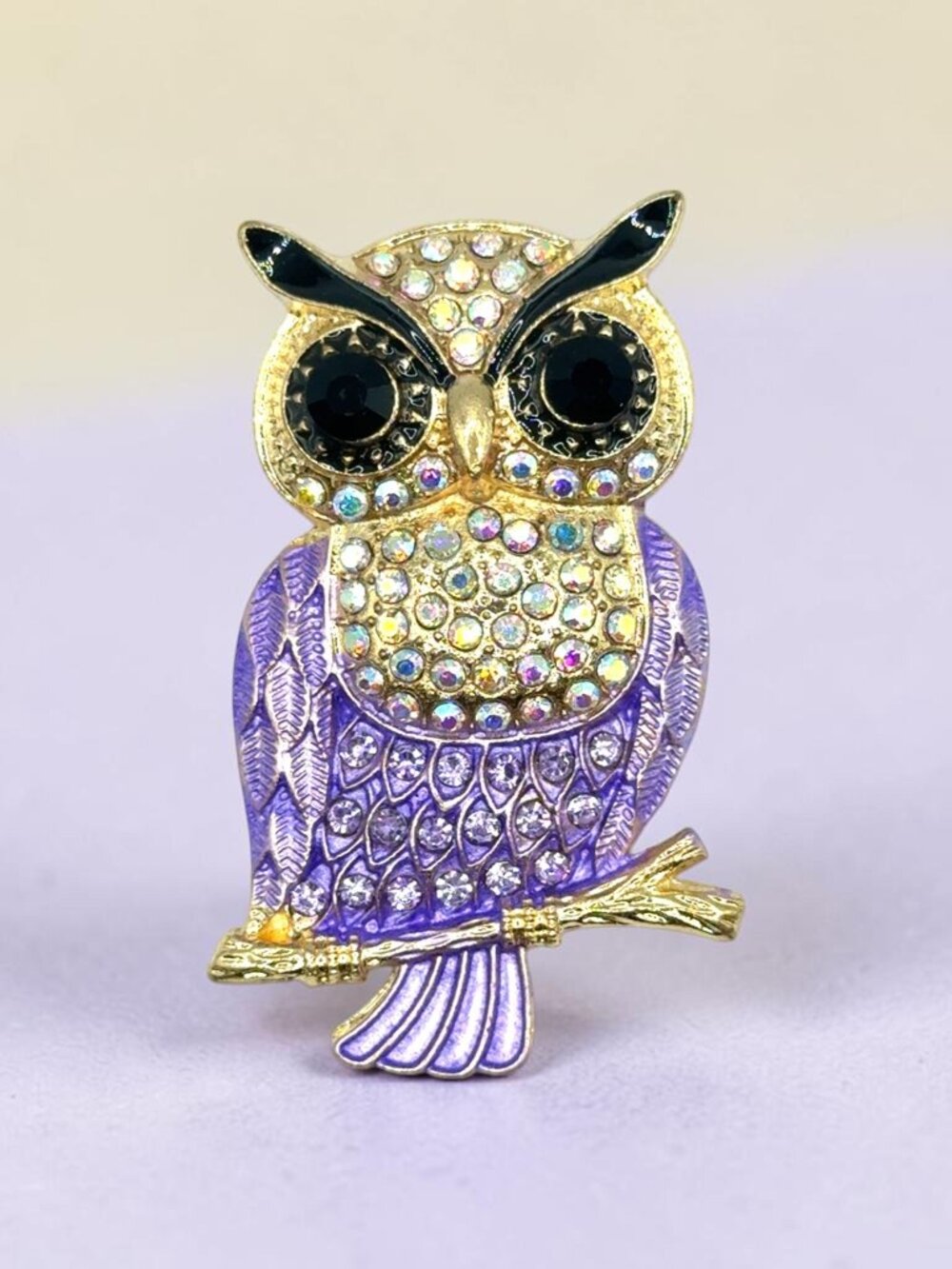 Gold-Tone Enamel and Rhinestone Owl Brooch